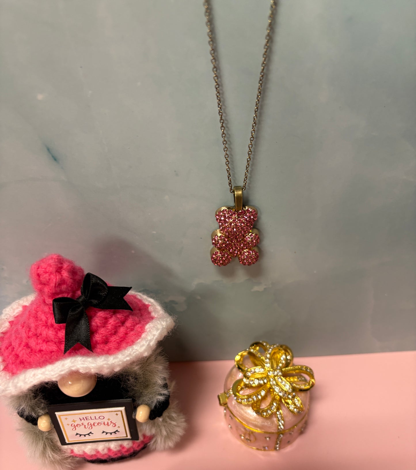 Pink Rhinestone Teddy Bear pendant  on a Gun Metal chain Necklace