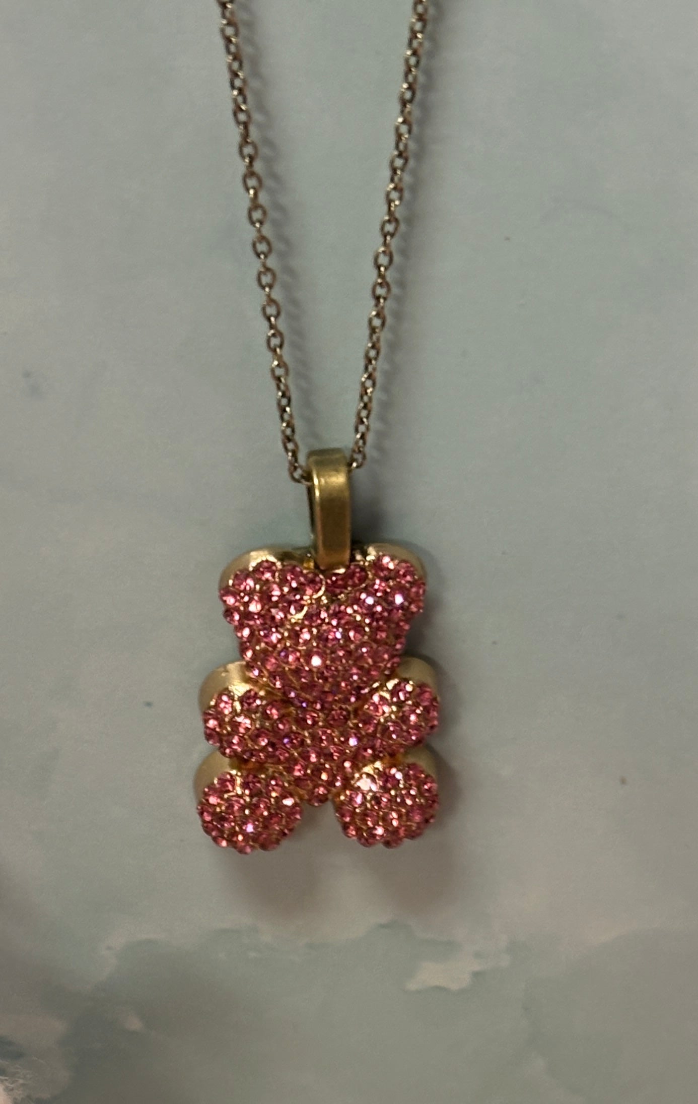 Pink Rhinestone Teddy Bear pendant  on a Gun Metal chain Necklace