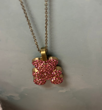 Pink Rhinestone Teddy Bear pendant  on a Gun Metal chain Necklace