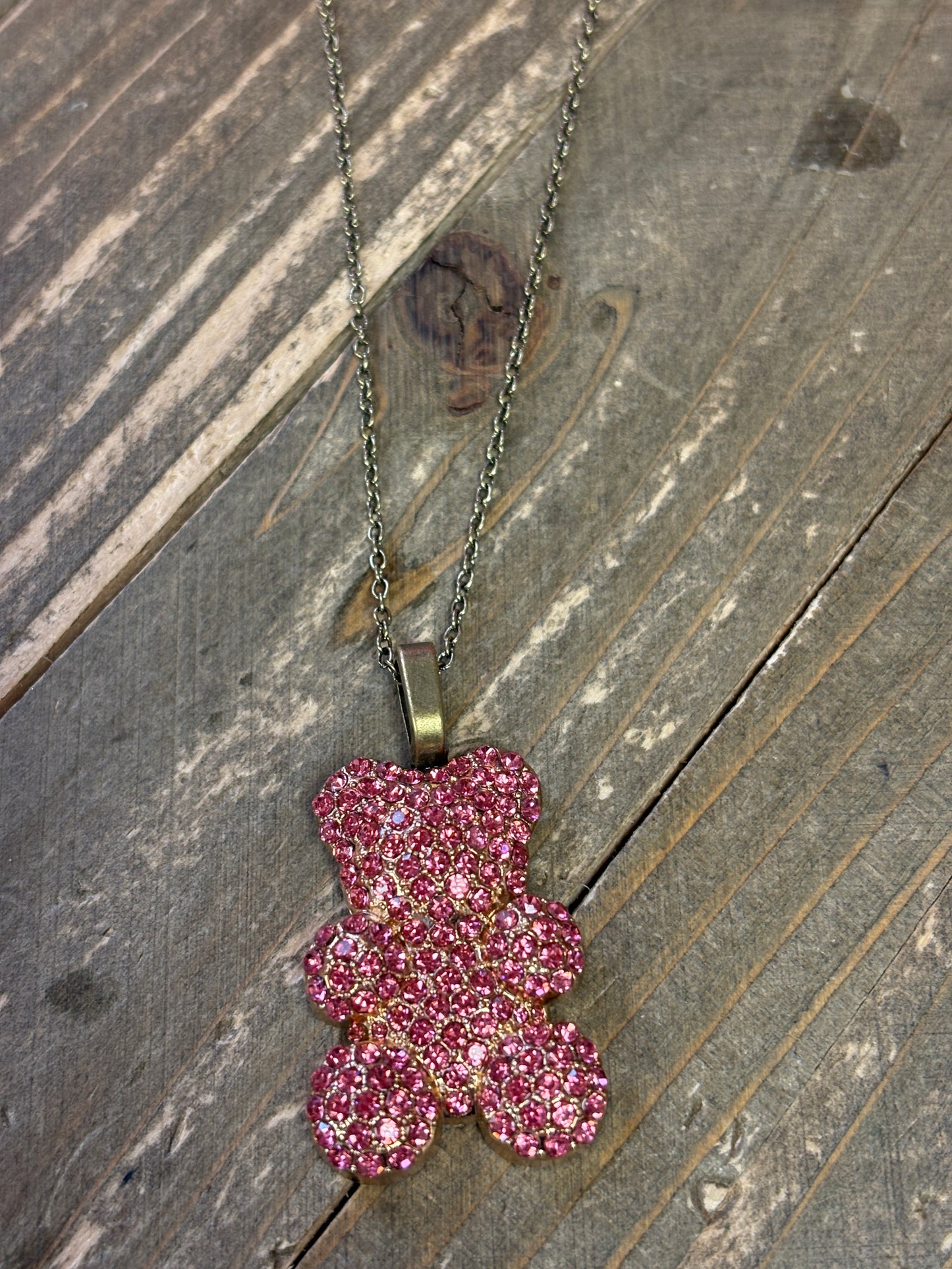 Pink Rhinestone Teddy Bear pendant  on a Gun Metal chain Necklace