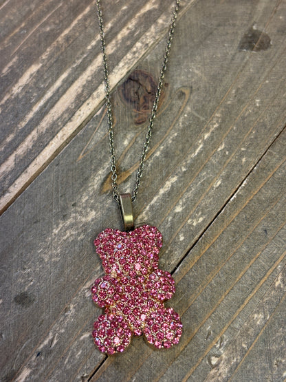 Pink Rhinestone Teddy Bear pendant  on a Gun Metal chain Necklace
