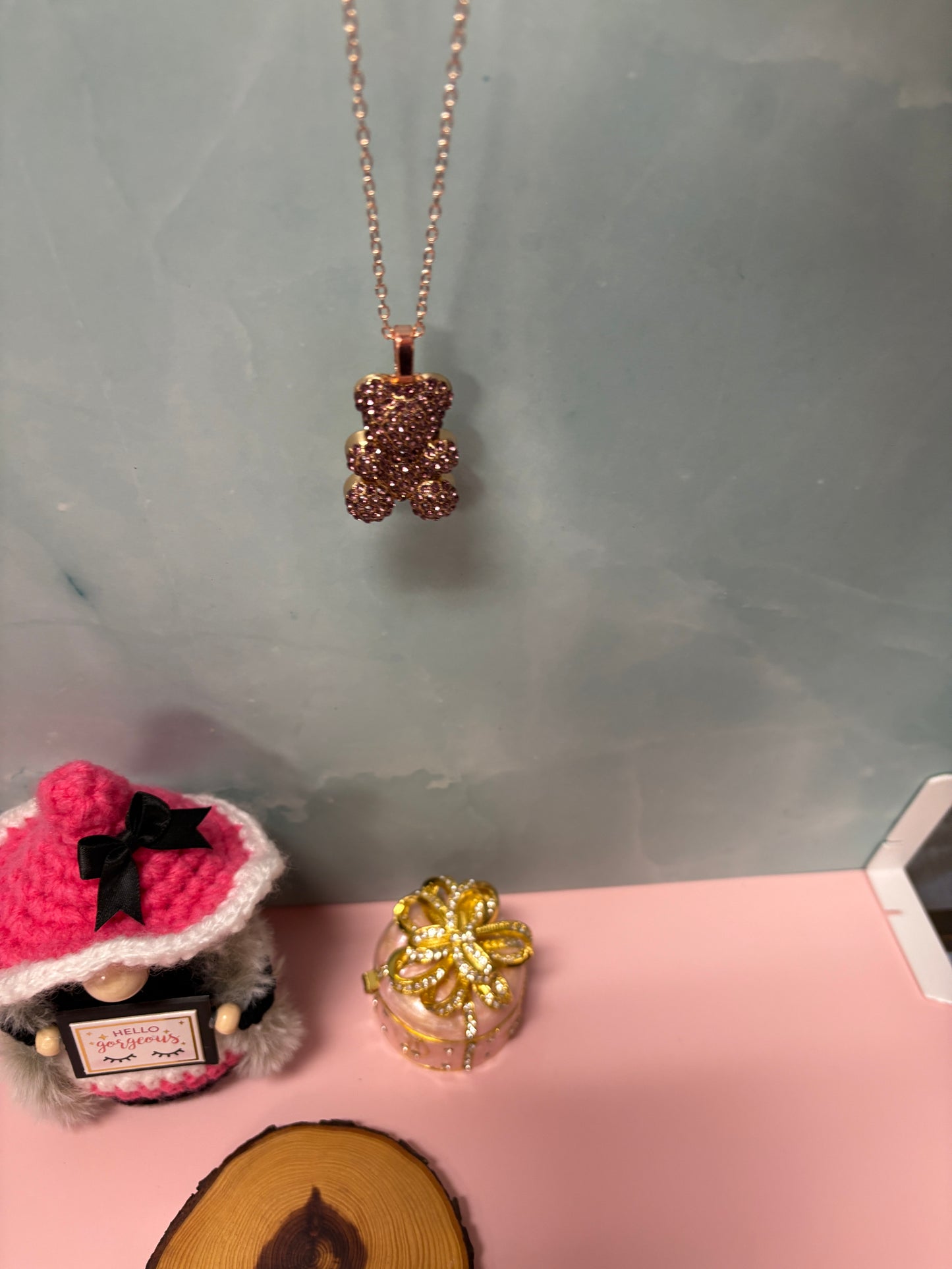 Purple Rhinestone Teddy Bear pendant  on a Rose Gold chain Necklace