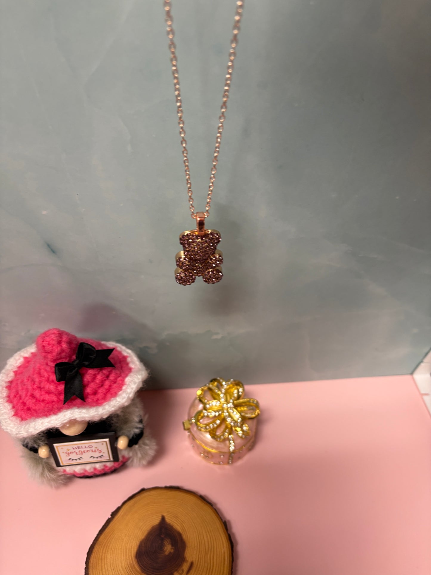 Purple Rhinestone Teddy Bear pendant  on a Rose Gold chain Necklace