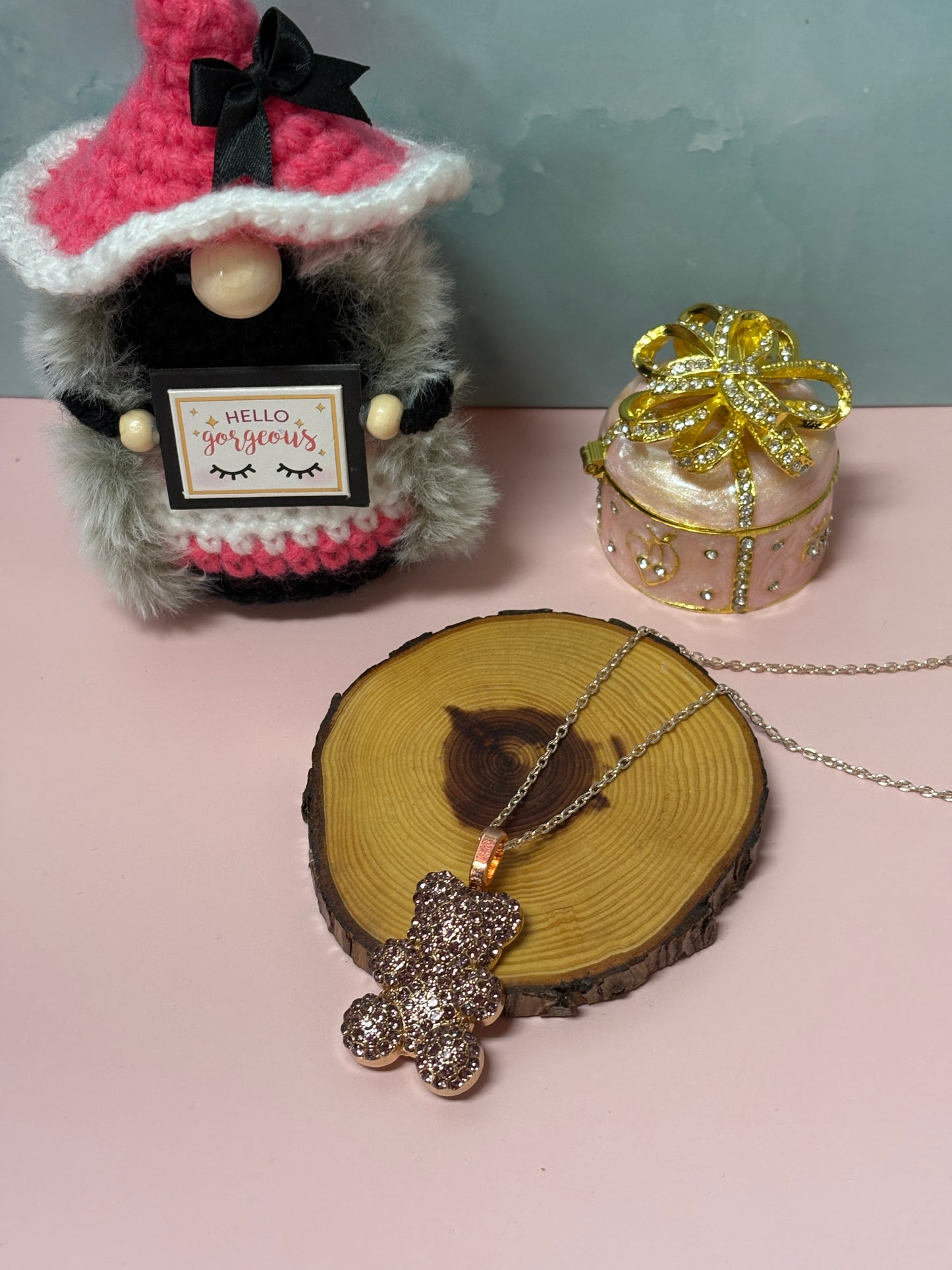 Purple Rhinestone Teddy Bear pendant  on a Rose Gold chain Necklace