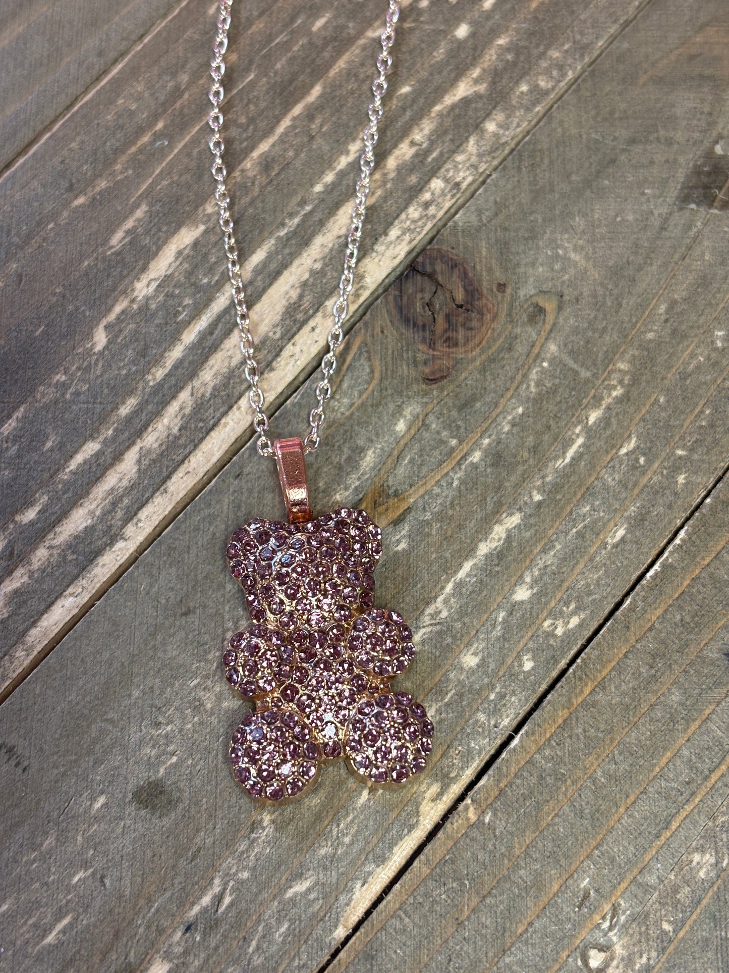 Purple Rhinestone Teddy Bear pendant  on a Rose Gold chain Necklace