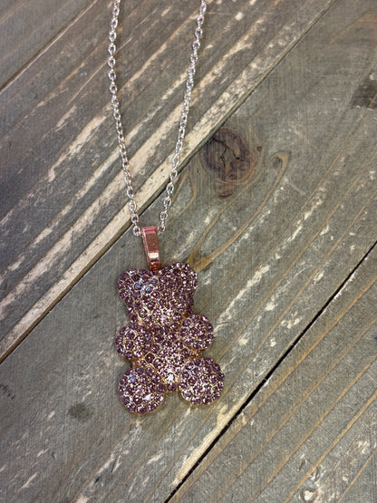 Purple Rhinestone Teddy Bear pendant  on a Rose Gold chain Necklace