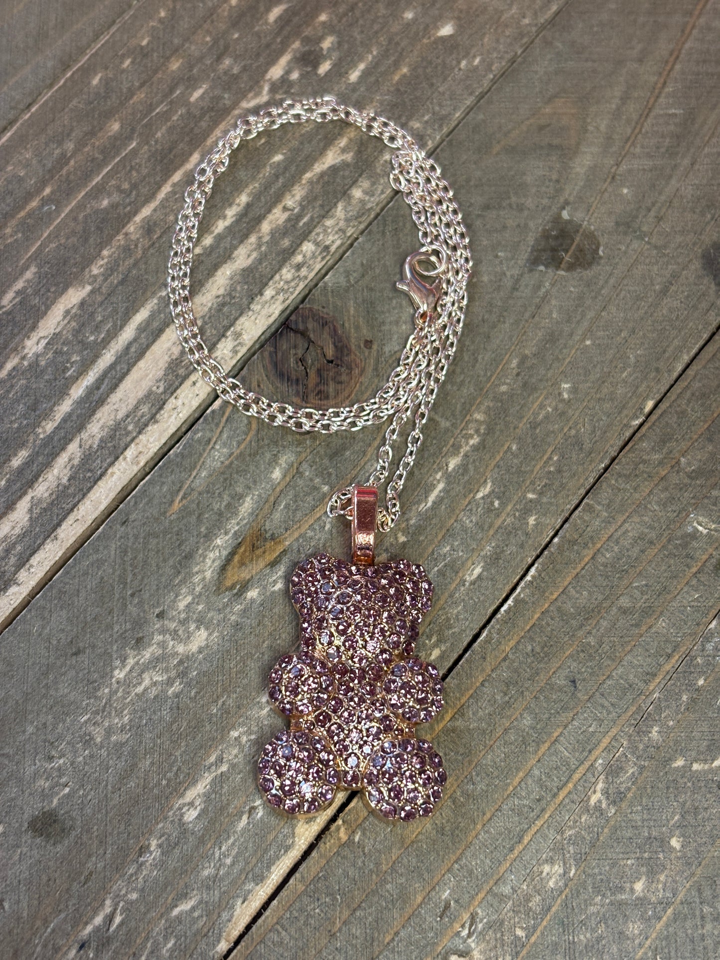 Purple Rhinestone Teddy Bear pendant  on a Rose Gold chain Necklace