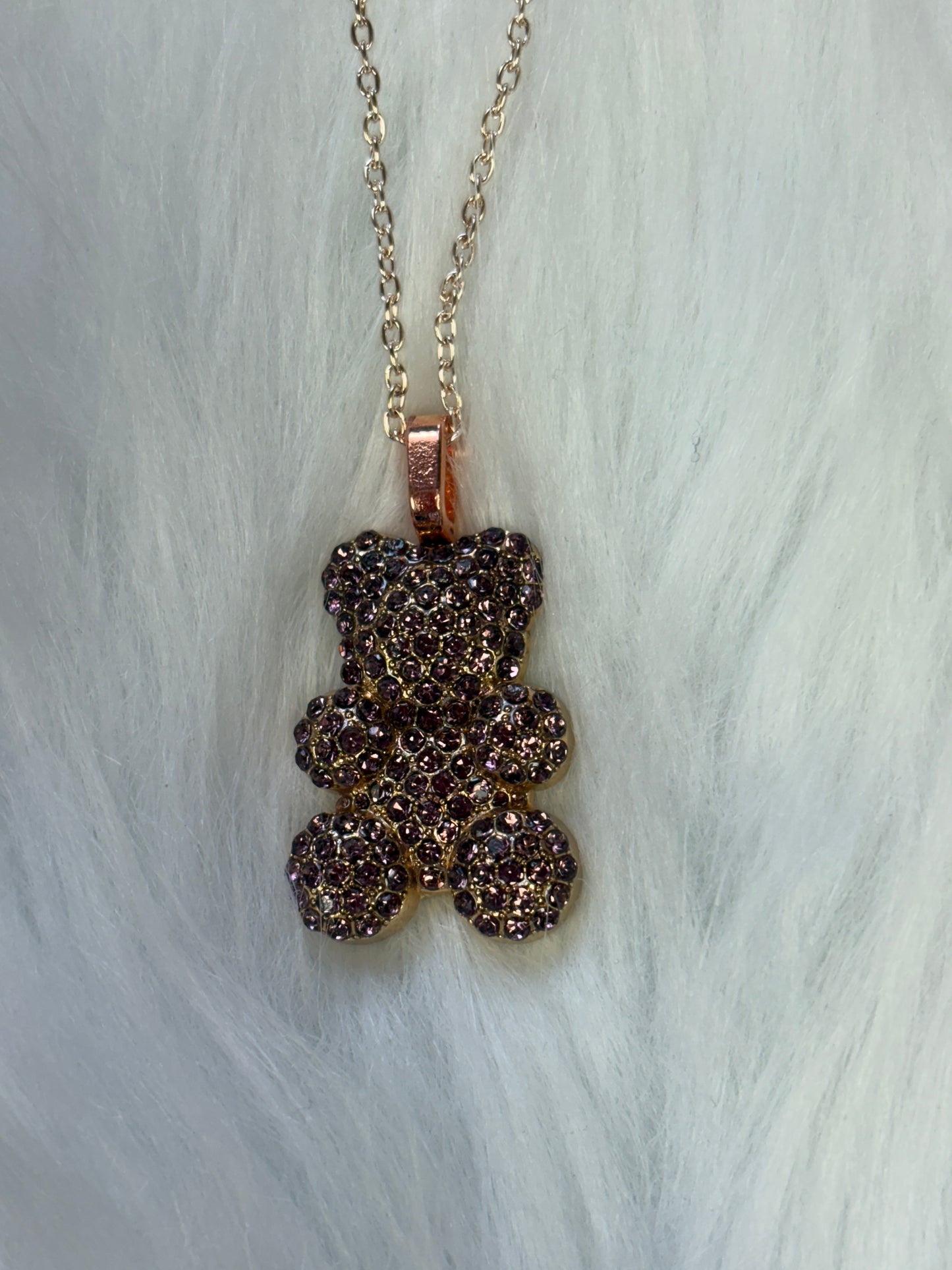 Purple Rhinestone Teddy Bear pendant  on a Rose Gold chain Necklace