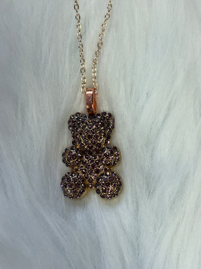 Purple Rhinestone Teddy Bear pendant  on a Rose Gold chain Necklace