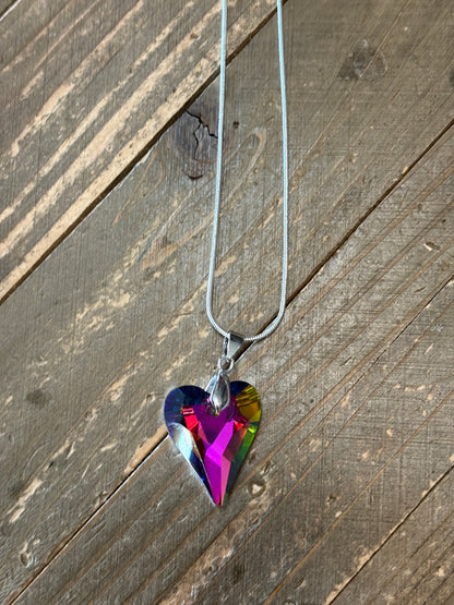 Faceted Glass Heart Pendant on a Silver Chain  Necklace