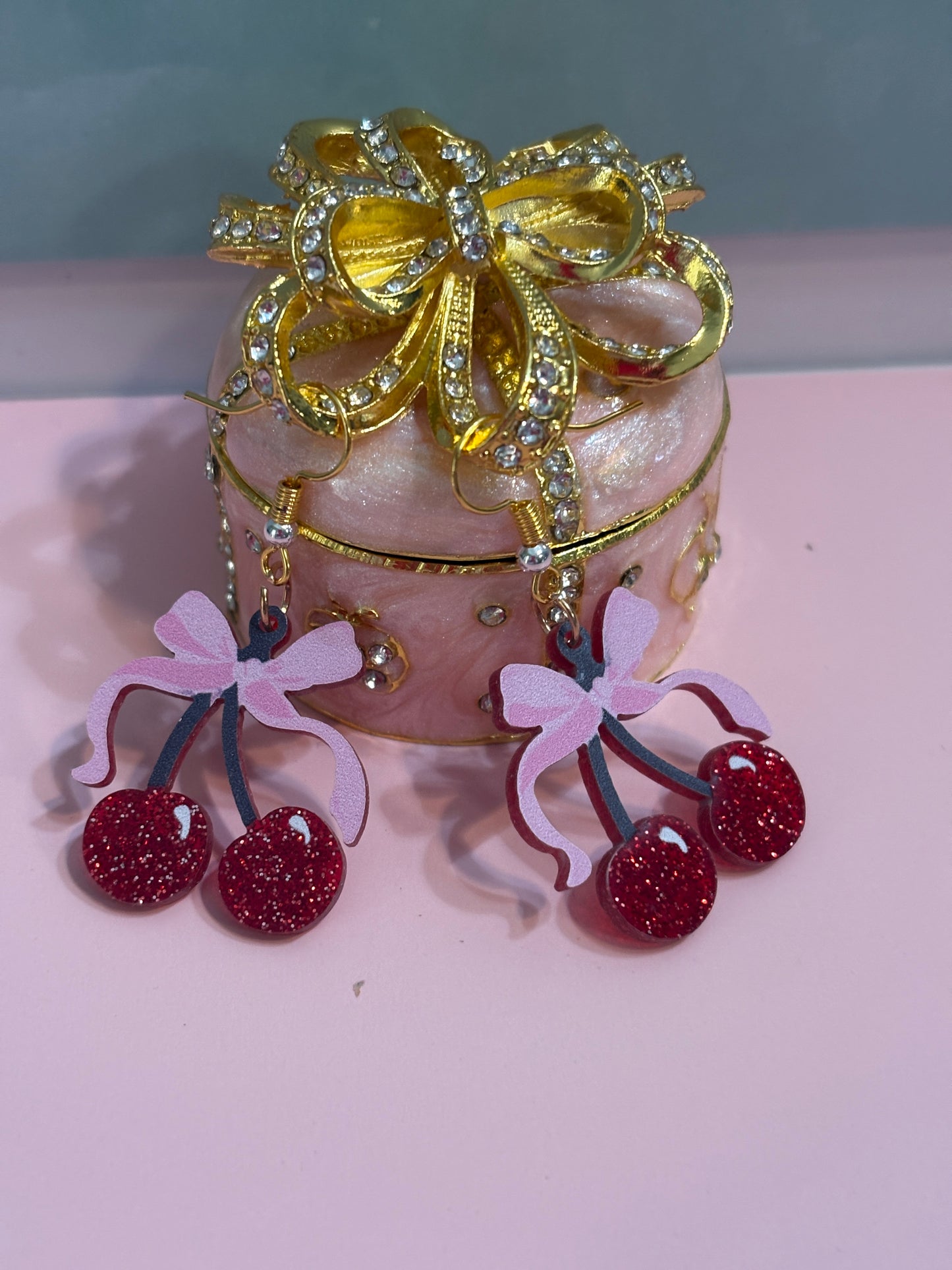 Cherry and Pink Ribbon Wire Earrings (Copy)