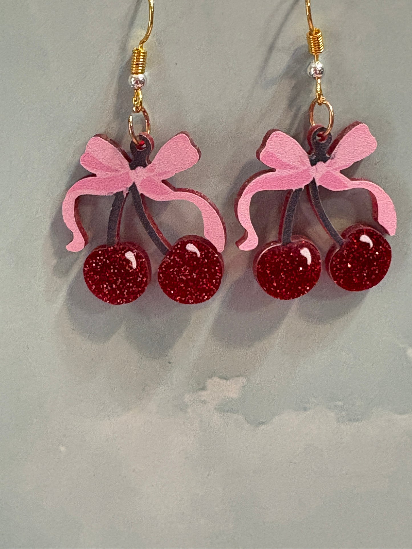 Cherry and Pink Ribbon Wire Earrings (Copy)