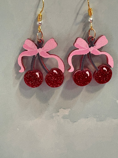 Cherry and Pink Ribbon Wire Earrings (Copy)