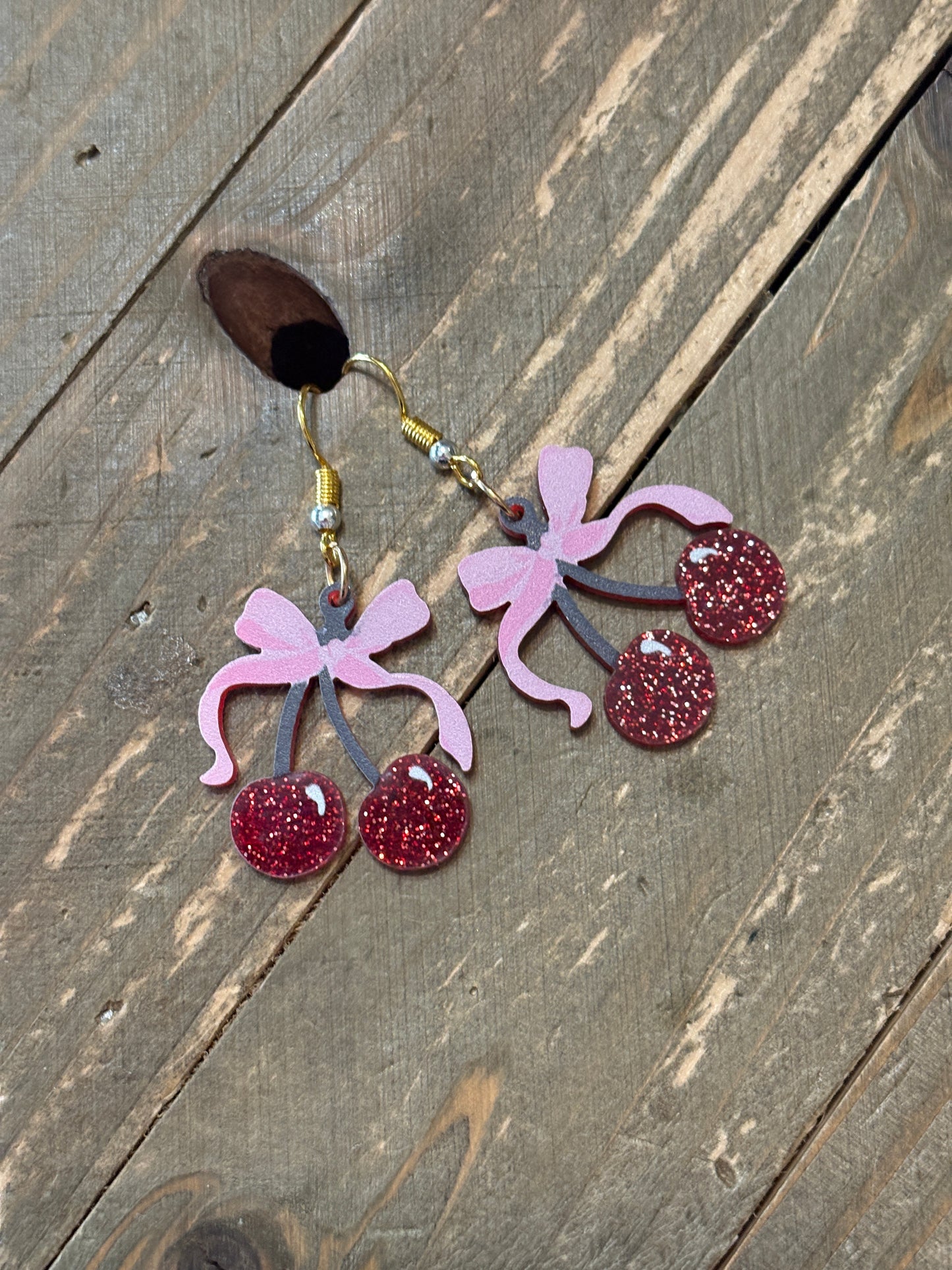 Cherry and Pink Ribbon Wire Earrings (Copy)