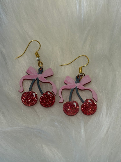 Cherry and Pink Ribbon Wire Earrings (Copy)