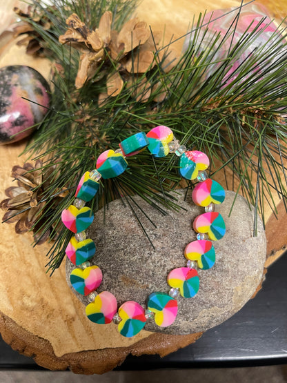 Rainbow Clay Heart beaded Stretch bracelet