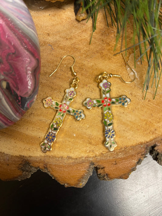 Flower Print Metal CROSS charm Wire EarringPink tiful of LOVE