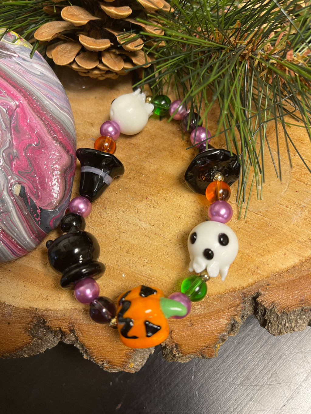 Ghost & Pumpkin Beaded Elastic/Stretch Bracelet