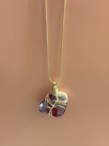 Fused Glass Wire Wrapped-white, pink & Purple Irregular Shaped Pendant on a Silver Chain Necklace