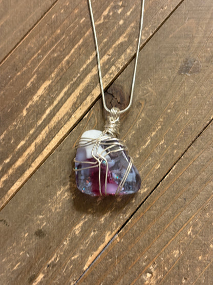 Fused Glass Wire Wrapped-white, pink & Purple Irregular Shaped Pendant on a Silver Chain Necklace