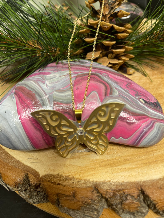 Butterfly Necklace; solid silver back with gold on top in a scroll patternPink tiful of LOVE