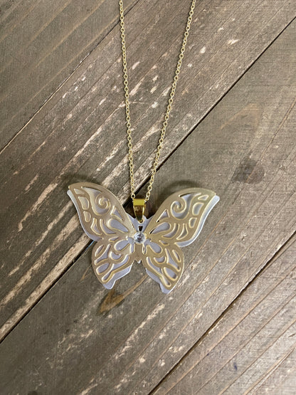 Butterfly Necklace; solid silver back with gold on top in a scroll patternPink tiful of LOVE