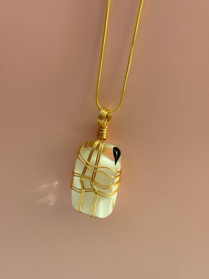 Fused Glass Wire Wrapped-white, gold, Black rectangular Shaped Pendant on a gold Chain Necklace (Copy)