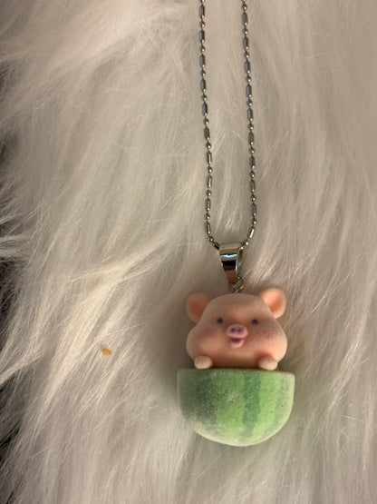 Flocked Pig in a Watermelon  Pendant on a dainty silver Chain Necklace