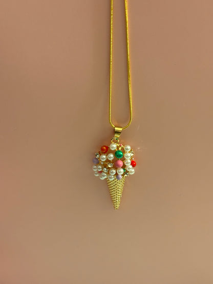 Ice Cream Rhinestone and Plastic Pearl Pendant on a Gold chain Necklace