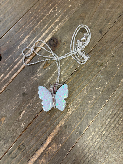 Iridescent Butterfly Pendant on a Silver chain Necklace