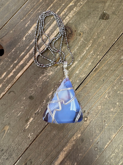 Fused Glass Wire Wrapped-blue triangle Shaped Pendant on a silver Chain Necklace