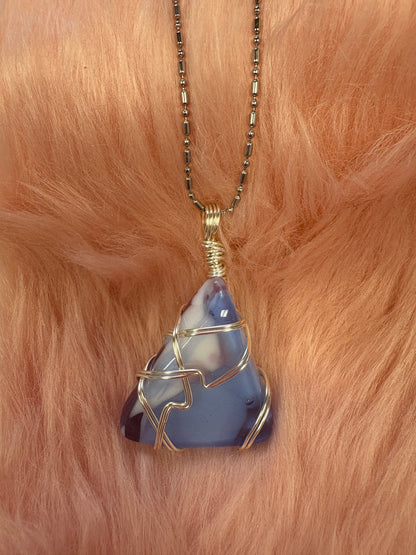 Fused Glass Wire Wrapped-blue triangle Shaped Pendant on a silver Chain Necklace