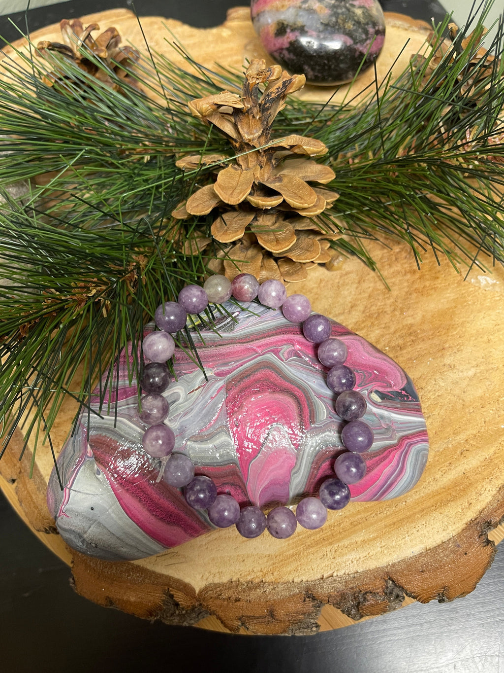 Purple Lepidolite Beaded Elastic Bracelet;  Natural Gemstones; perfect gift