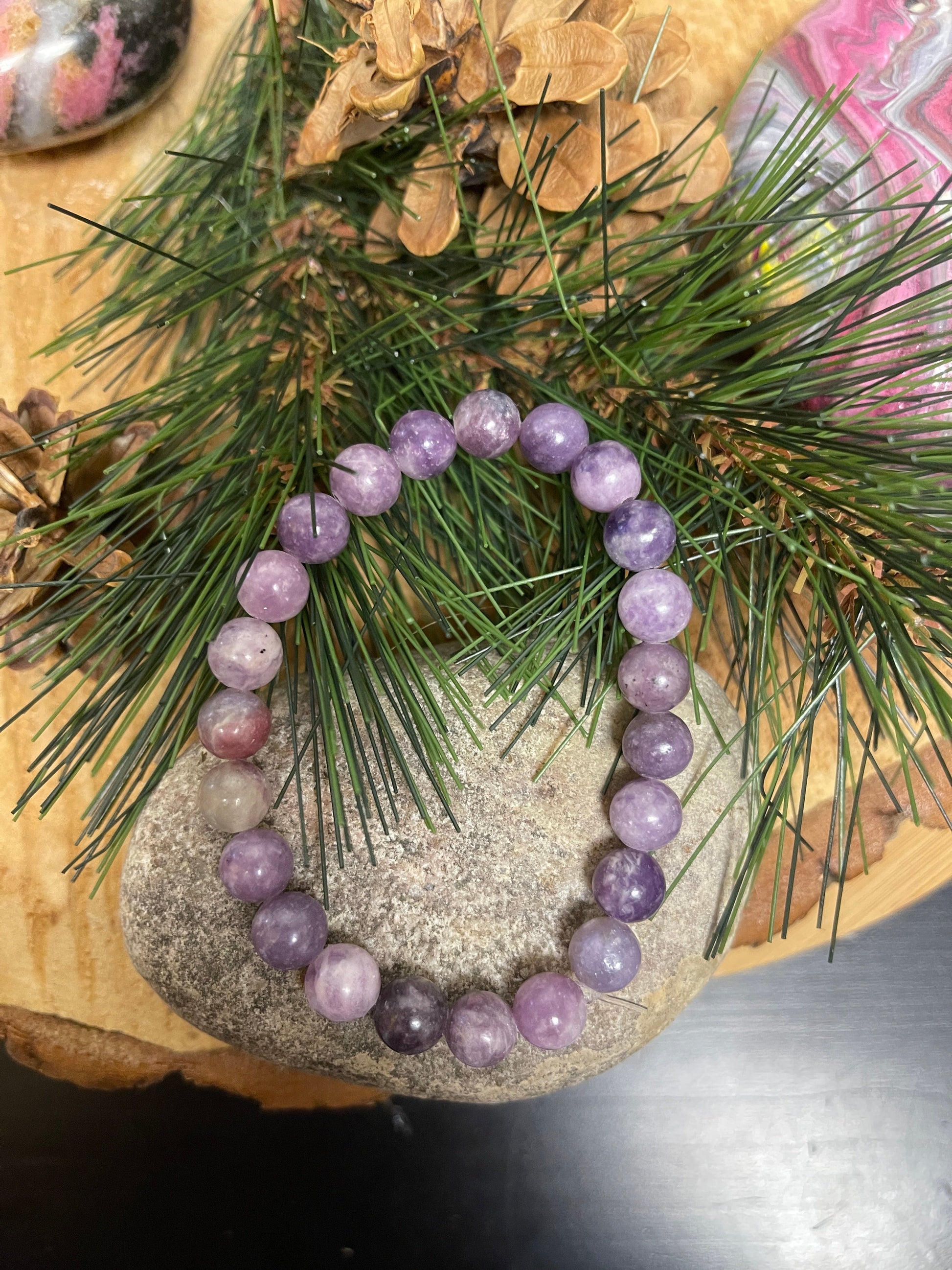 Purple Lepidolite Beaded Elastic Bracelet;  Natural Gemstones; perfect giftPink tiful of LOVE