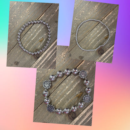 Silver Beaded Bracelet Set  (set of 3)