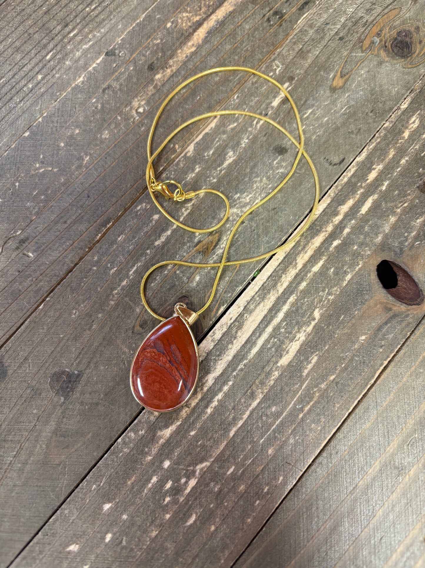 Red Brecciated Jasper Teardrop Pendant on a Gold chain Necklace