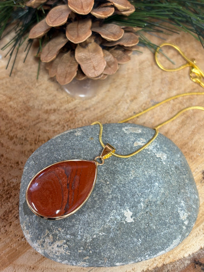 Red Brecciated Jasper Teardrop Pendant on a Gold chain Necklace