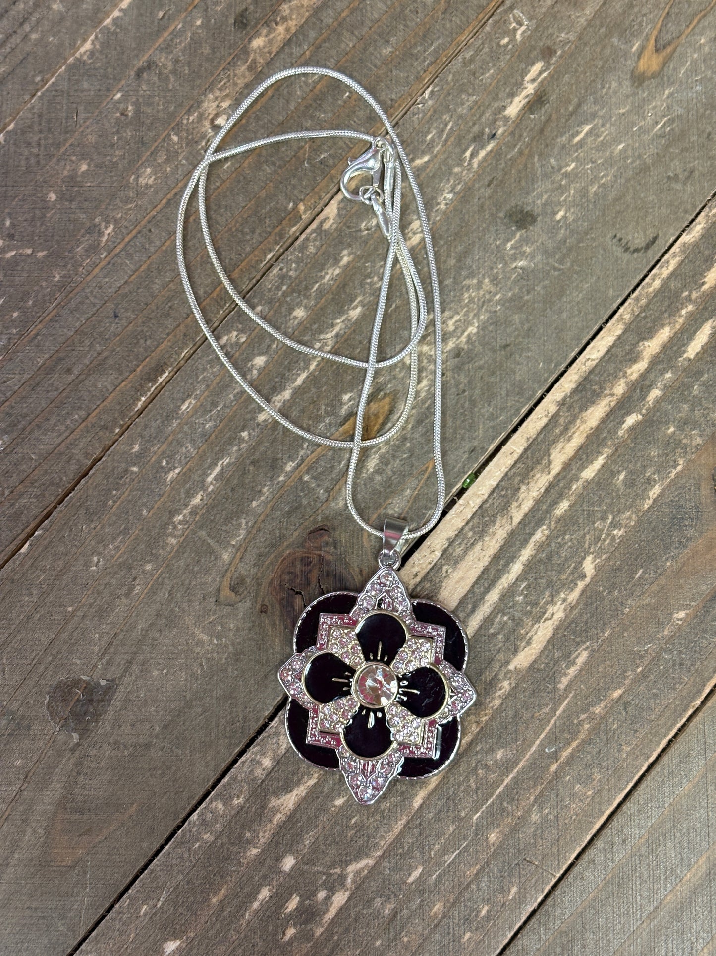 Layered Rhinestone Flower Pendant on a Silver chain Necklace