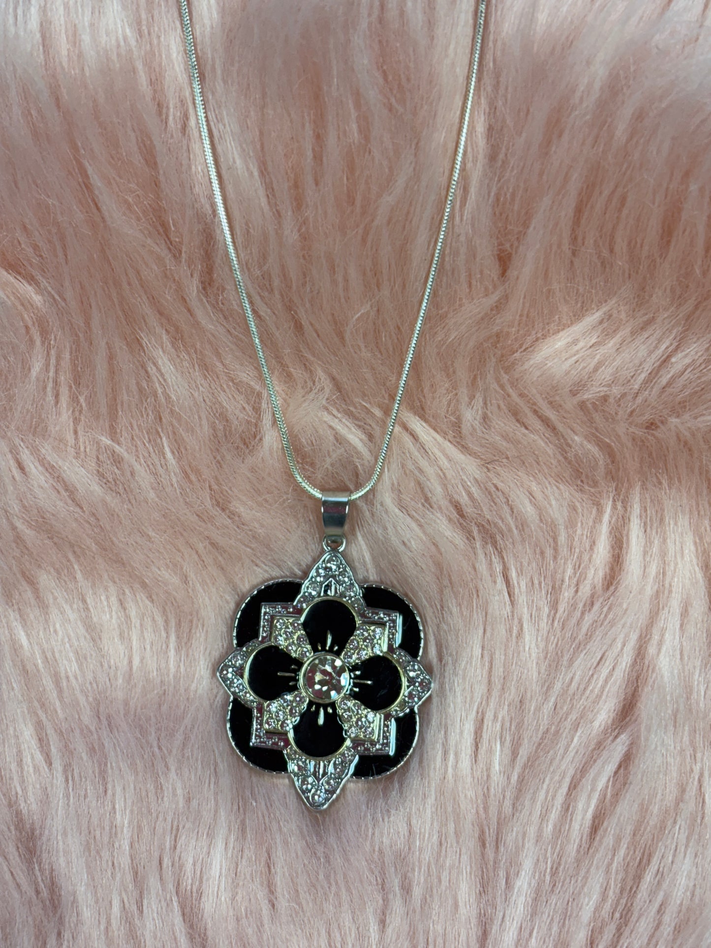 Layered Rhinestone Flower Pendant on a Silver chain Necklace