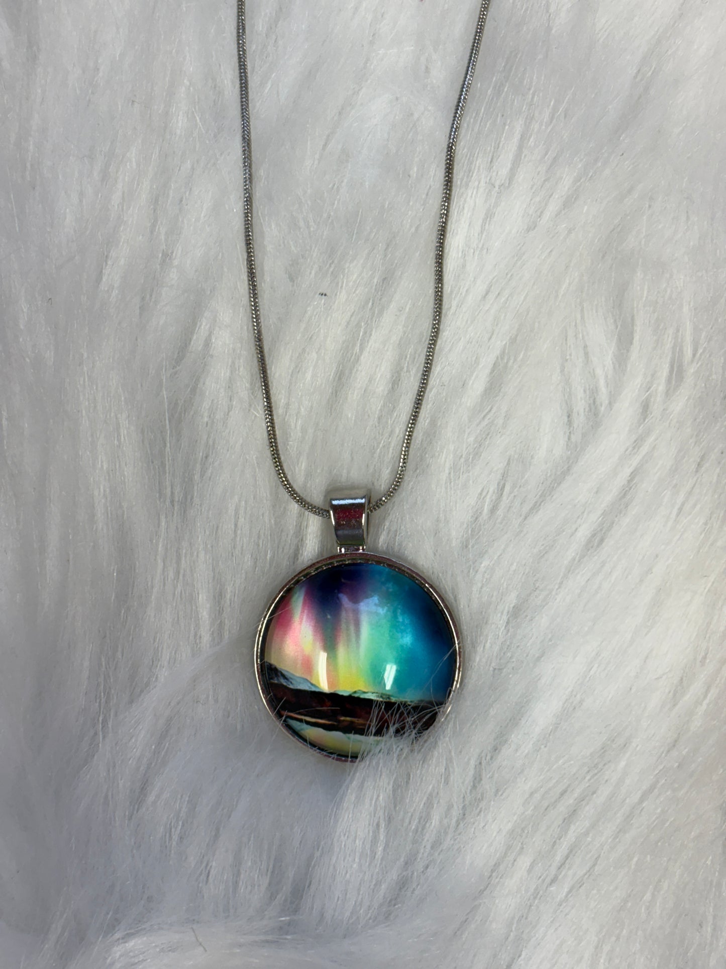Aurora Lights Cabochon-1 Pendant on a silver Necklace