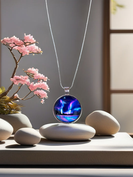 Aurora Lights Cabochon-2 Pendant on a silver Necklace