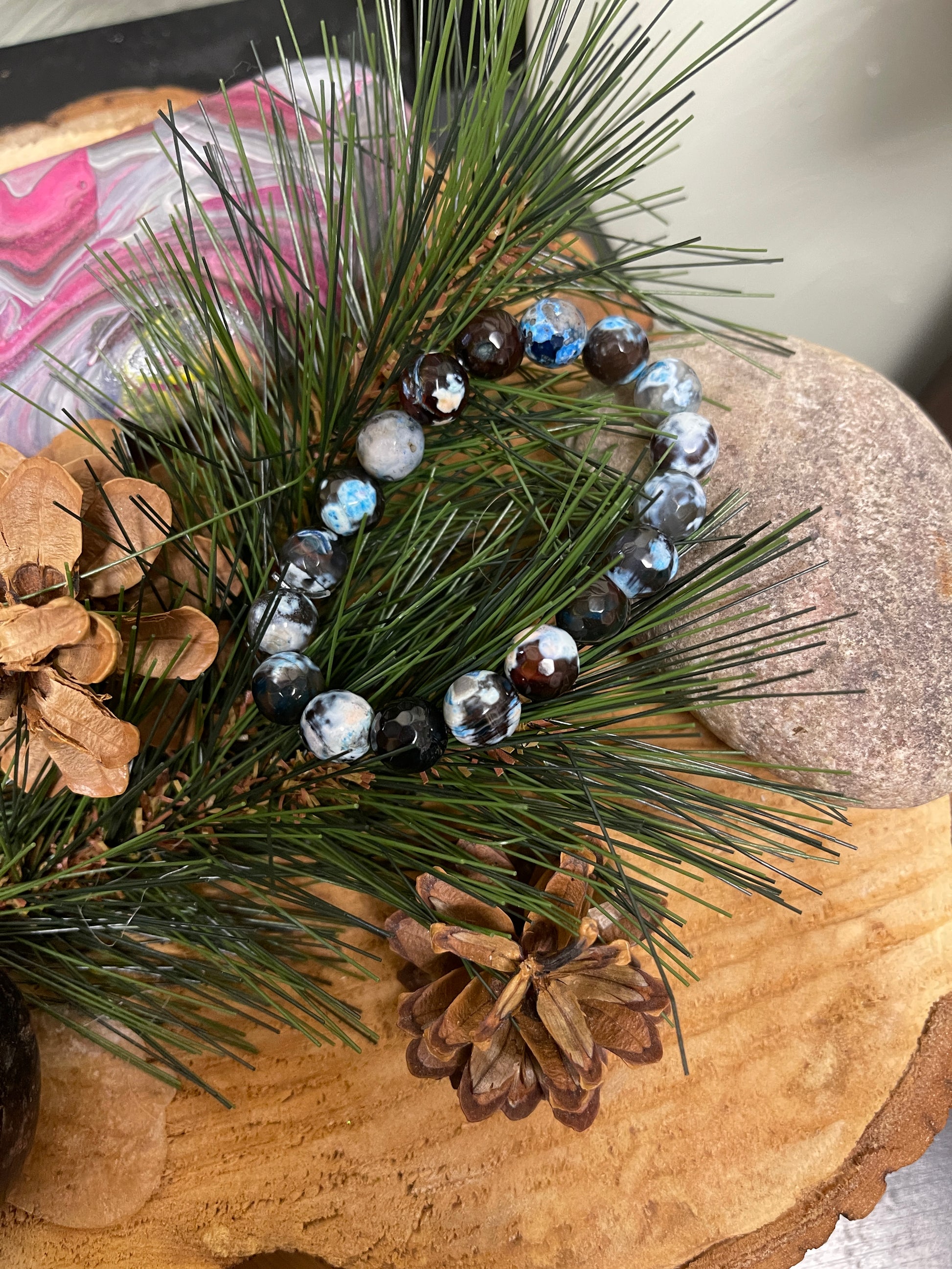 Blue Round Agate Beaded Elastic/Stretch BraceletPink tiful of LOVE