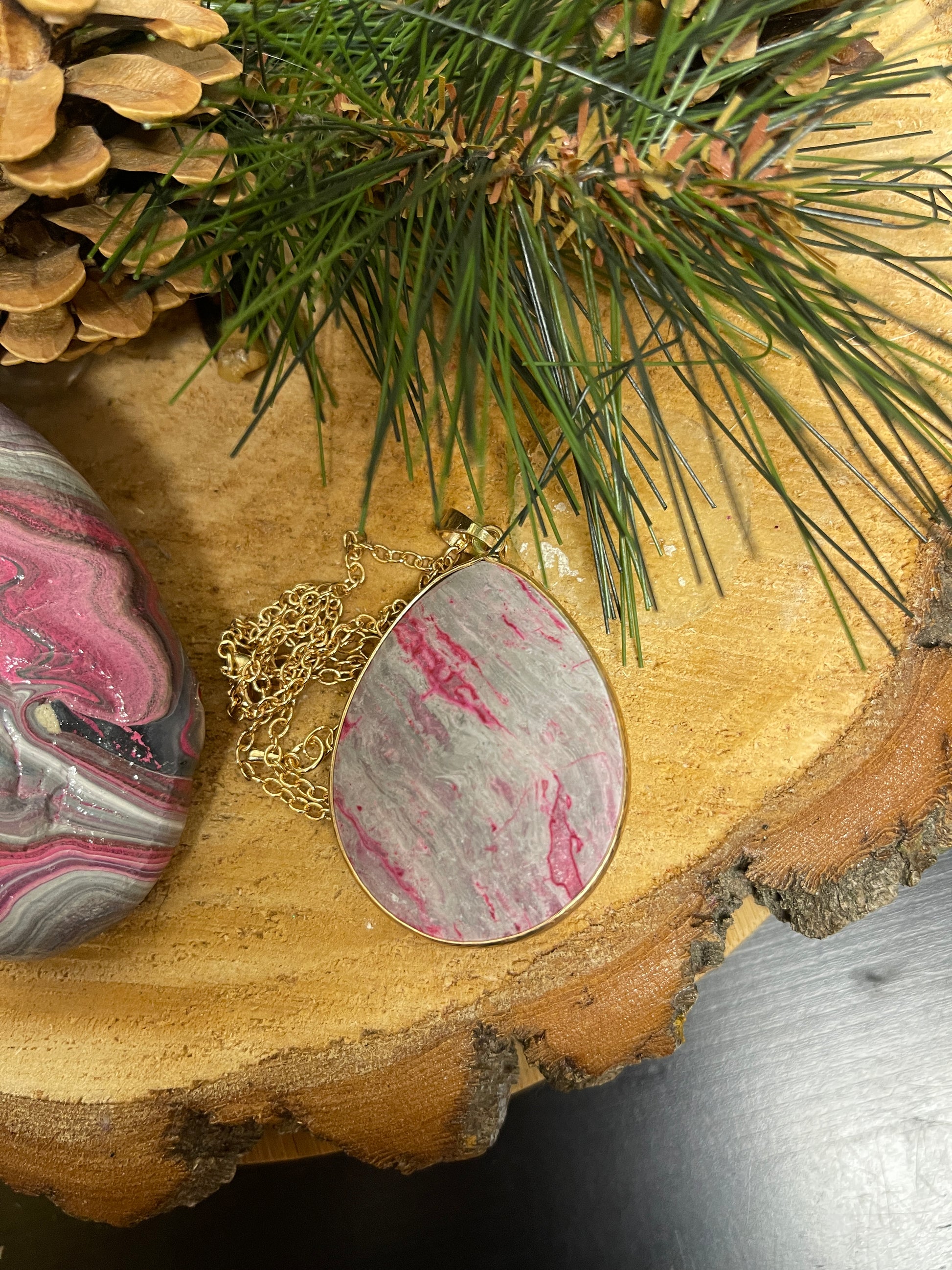 Pink &amp; Gray Map Stone Pendant on a Gold chain NecklacePink tiful of LOVE