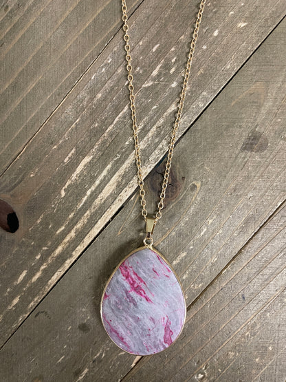 Pink & Gray Map Stone Pendant on a Gold chain Necklace