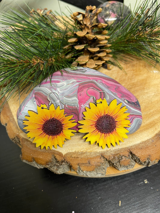 BIG BOLD Wooden Sunflower Wire Earrings--A ray of SunshinePink tiful of LOVE