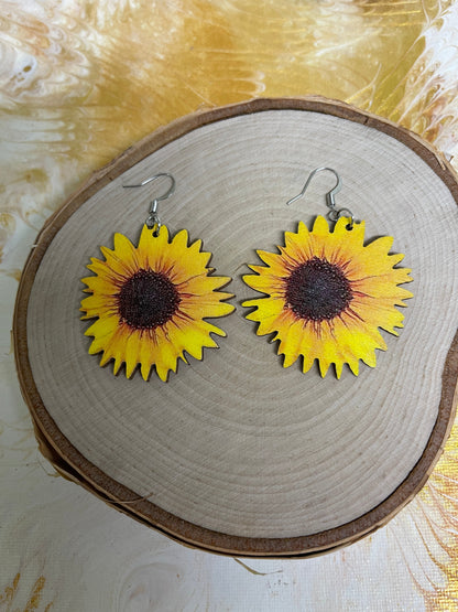 BIG BOLD Wooden Sunflower Wire Earrings--A ray of Sunshine