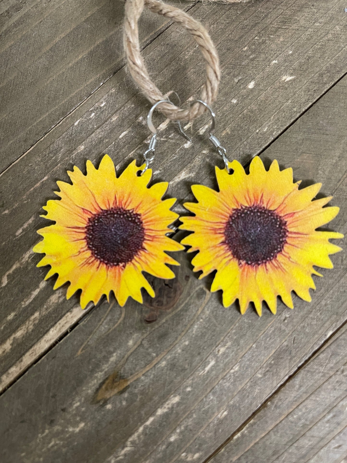 BIG BOLD Wooden Sunflower Wire Earrings--A ray of Sunshine