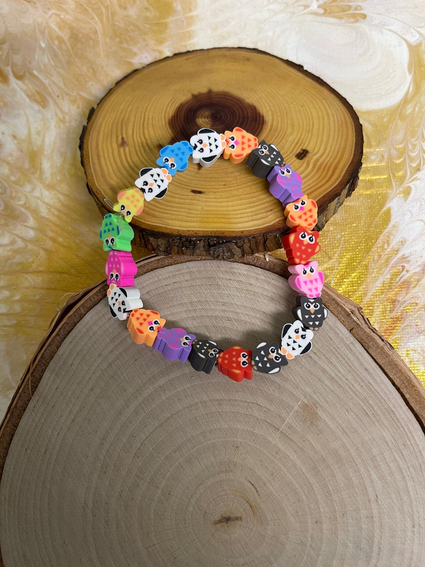 Multicolor Owl Polymer Clay beaded Stretch braceletPink tiful of LOVE