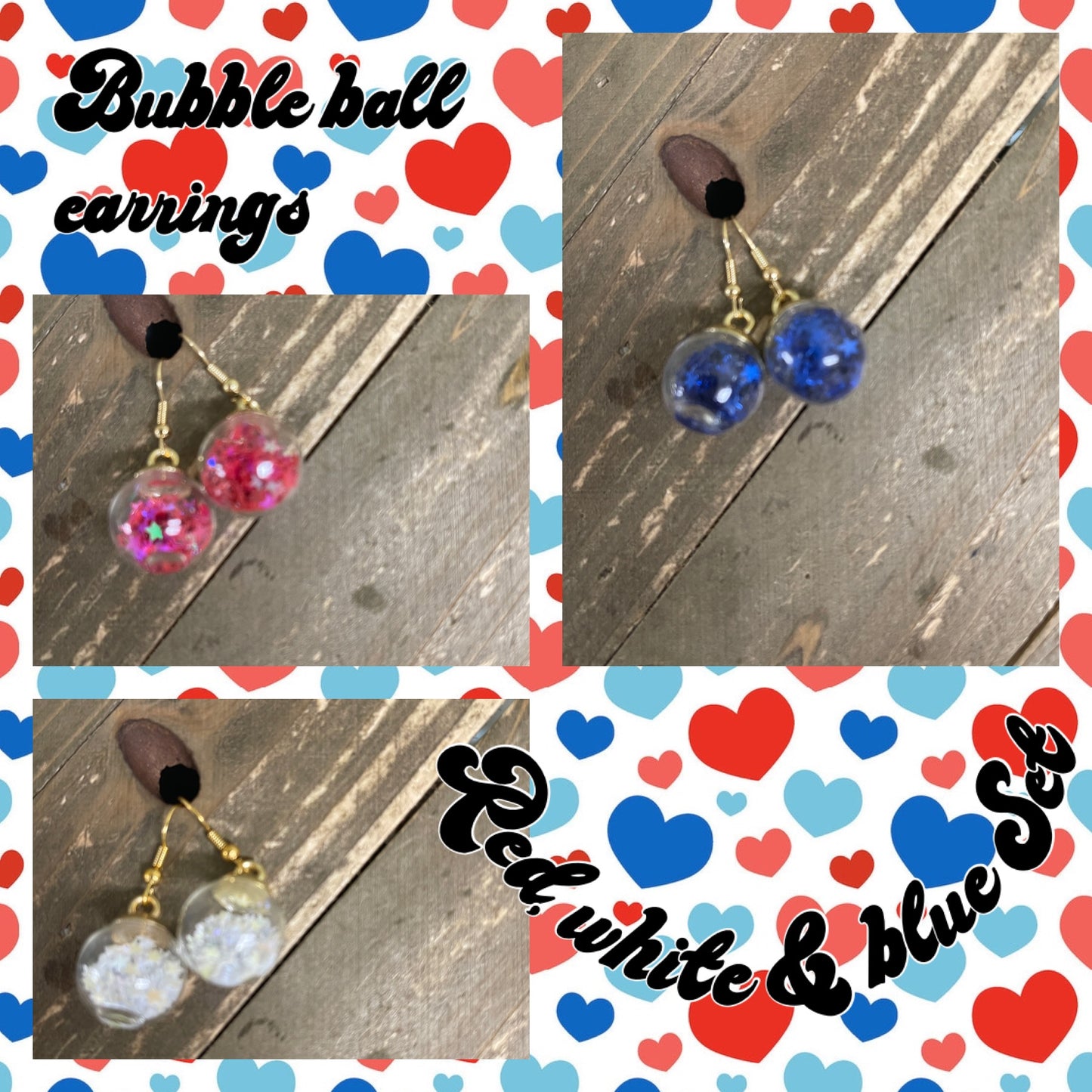 Bubble Ball charm Wire Earring- Red, White & Blue set of 3 prs