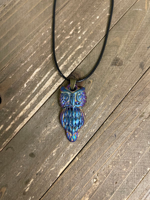 Iridescent OWL Pendant on a Black Cord Necklace